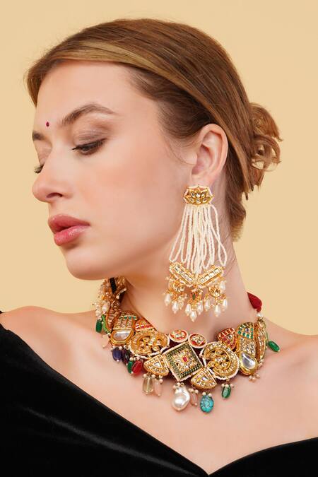 Buy_Dugran By Dugristyle_Multi Color Shabnam-e-gul Gold-plated Choker _Online_at_Aza_Fashions