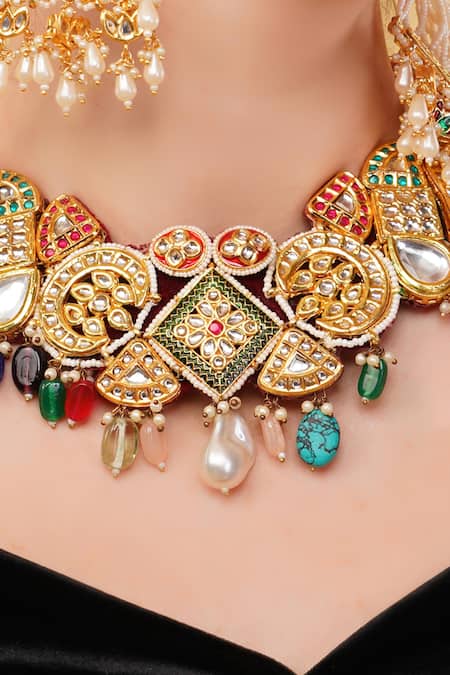 Shop_Dugran By Dugristyle_Multi Color Shabnam-e-gul Gold-plated Choker _Online_at_Aza_Fashions