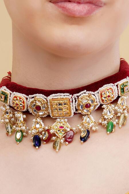 Buy_Dugran By Dugristyle_Red Naghma-e-surkh Gold-plated Choker Necklace _Online_at_Aza_Fashions