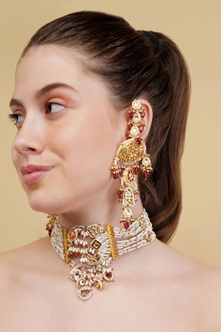 Buy_Dugran By Dugristyle_Multi Color Gold-plated Roshni-e-laal Choker _Online_at_Aza_Fashions