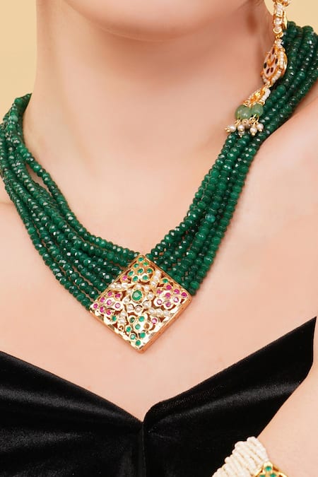 Shop_Dugran By Dugristyle_Green Gulzar Haar Multi Strand Necklace _Online_at_Aza_Fashions