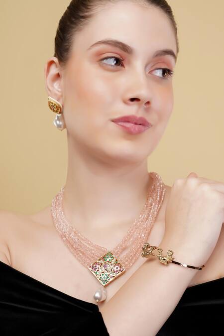 Buy_Dugran By Dugristyle_Pink Gold-plated Multi Strand Pendant Necklace _Online_at_Aza_Fashions