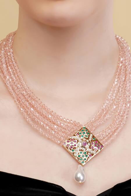 Shop_Dugran By Dugristyle_Pink Gold-plated Multi Strand Pendant Necklace _Online_at_Aza_Fashions