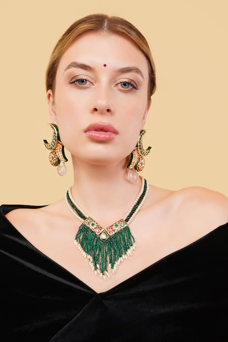 Dugran By Dugristyle_Green Khizran Haar Gold-plated Necklace _Online_at_Aza_Fashions
