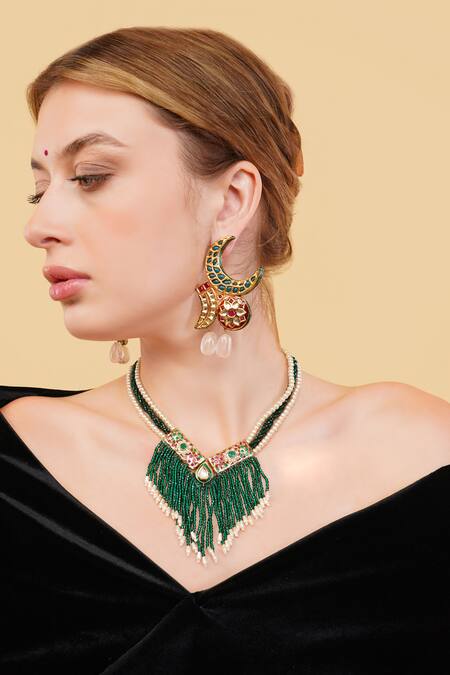 Buy_Dugran By Dugristyle_Green Khizran Haar Gold-plated Necklace _Online_at_Aza_Fashions