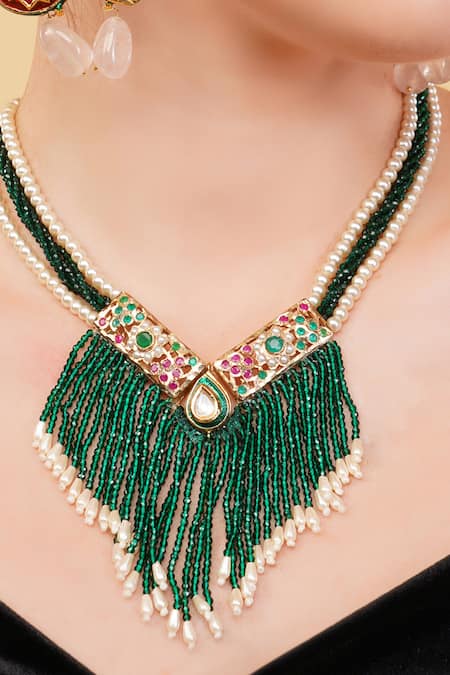 Shop_Dugran By Dugristyle_Green Khizran Haar Gold-plated Necklace _Online_at_Aza_Fashions