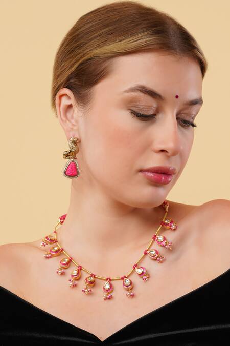 Shop_Dugran By Dugristyle_Red Rang-e-aatish Gold-plated Choker Necklace _Online_at_Aza_Fashions