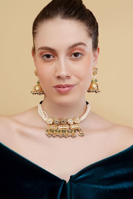 Dugran By Dugristyle_Multi Color Gold-plated Green And Blue Choker Necklace _Online_at_Aza_Fashions