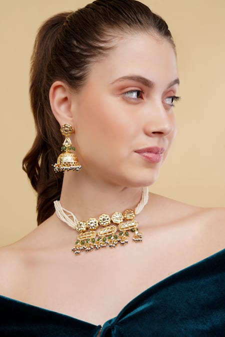 Dugran By Dugristyle Gold-Plated Green & Blue Choker Necklace 