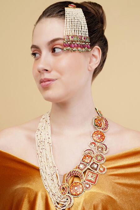 Buy_Dugran By Dugristyle_Multi Color Zarqaani Gold-plated Long Necklace _Online_at_Aza_Fashions