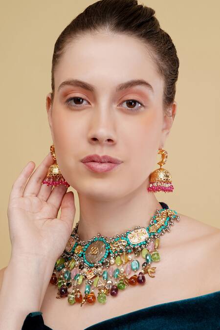 Buy_Dugran By Dugristyle_Multi Color Gold-plated Designer Choker Necklace _Online_at_Aza_Fashions