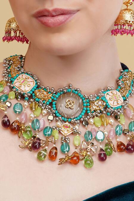 Shop_Dugran By Dugristyle_Multi Color Gold-plated Designer Choker Necklace _Online_at_Aza_Fashions