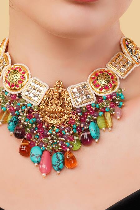 Buy_Dugran By Dugristyle_Multi Color Husn-e-surkh Gold-plated Choker Necklace _Online_at_Aza_Fashions