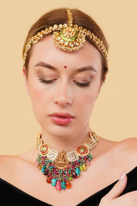 Dugran By Dugristyle_Multi Color Husn-e-surkh Gold-plated Choker Necklace _Online_at_Aza_Fashions