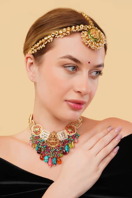 Shop_Dugran By Dugristyle_Multi Color Husn-e-surkh Gold-plated Choker Necklace _Online_at_Aza_Fashions