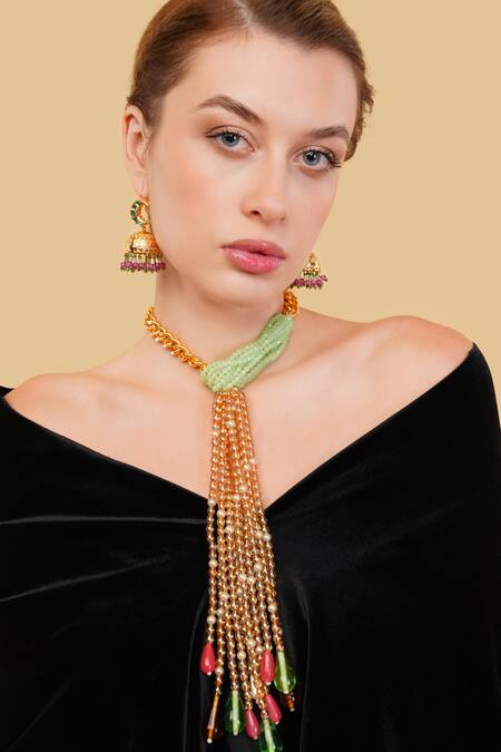 Buy_Dugran By Dugristyle_Green Sabzparee Haar Gold-plated Long Necklace _Online_at_Aza_Fashions