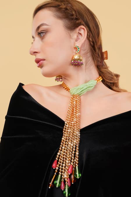 Dugran By Dugristyle_Green Sabzparee Haar Gold-plated Long Necklace _Online_at_Aza_Fashions