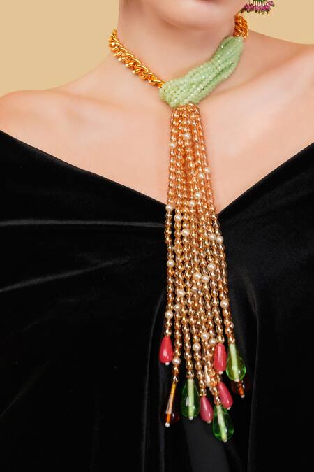 Shop_Dugran By Dugristyle_Green Sabzparee Haar Gold-plated Long Necklace _Online_at_Aza_Fashions