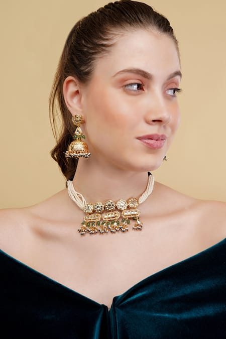 Dugran By Dugristyle_Green Beads Zarreen Gold-plated Necklace And Earring Set _Online_at_Aza_Fashions