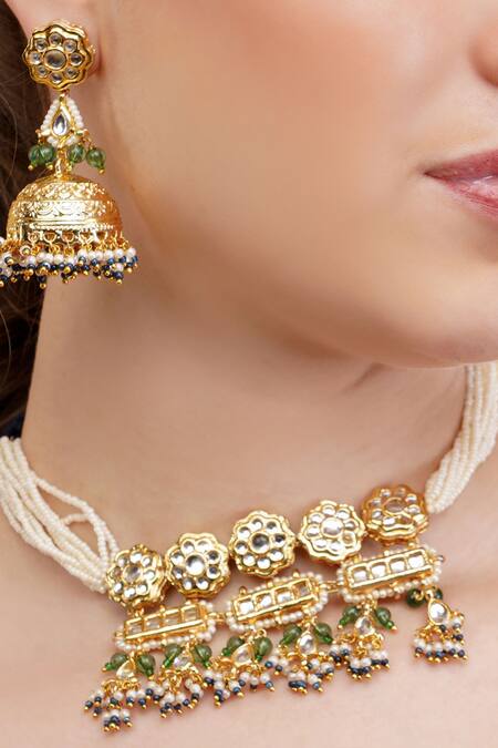 Buy_Dugran By Dugristyle_Green Beads Zarreen Gold-plated Necklace And Earring Set _Online_at_Aza_Fashions