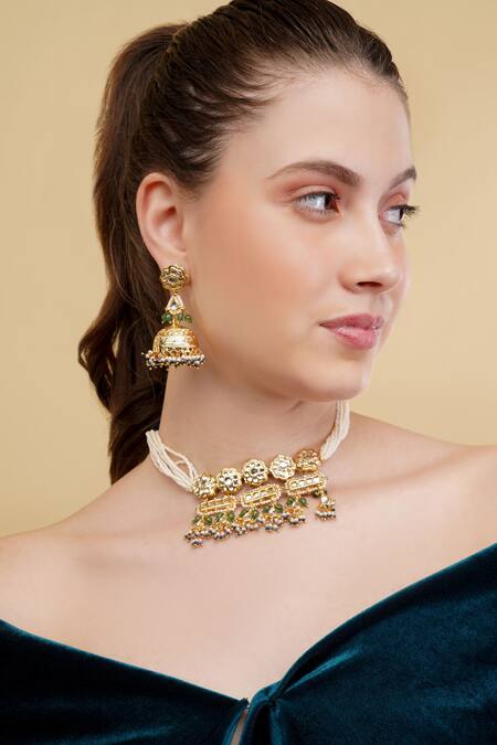 Shop_Dugran By Dugristyle_Green Beads Zarreen Gold-plated Necklace And Earring Set _Online_at_Aza_Fashions