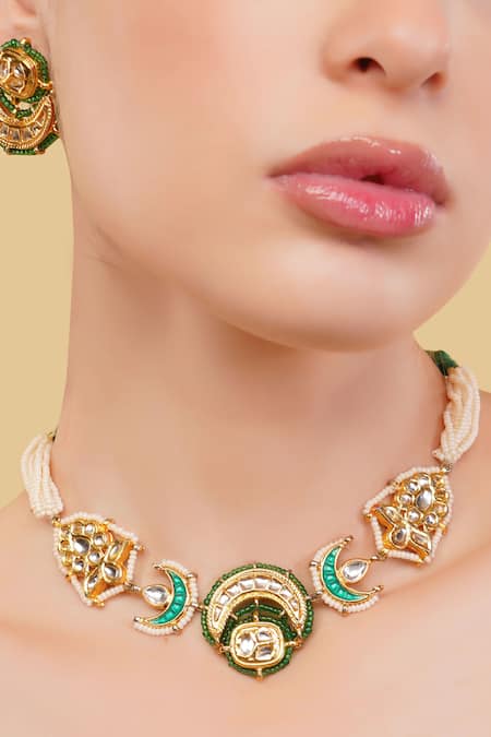 Buy_Dugran By Dugristyle_Green Beads, Stones Sumbul Chokar Necklace Set _Online_at_Aza_Fashions