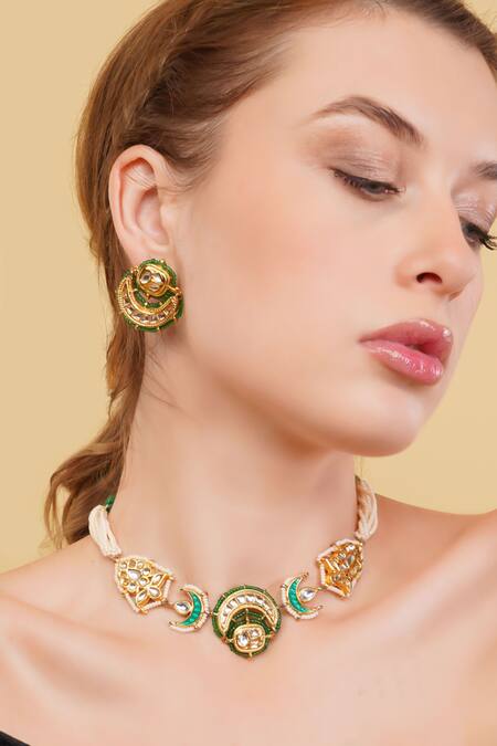 Shop_Dugran By Dugristyle_Green Beads, Stones Sumbul Chokar Necklace Set _Online_at_Aza_Fashions