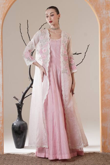 Surabhi Arya_Ivory Tissue, Organza Embroidery, Sequins Round Pink Anarkali With Jacket Set _Online_at_Aza_Fashions