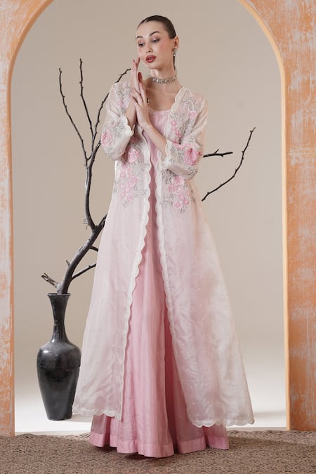 Buy_Surabhi Arya_Ivory Tissue, Organza Embroidery, Sequins Round Pink Anarkali With Jacket Set _Online_at_Aza_Fashions