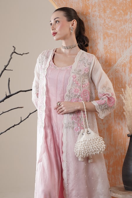 Shop_Surabhi Arya_Ivory Tissue, Organza Embroidery, Sequins Round Pink Anarkali With Jacket Set _Online_at_Aza_Fashions