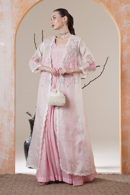 Surabhi Arya_Ivory Tissue, Organza Embroidery, Sequins Round Pink Anarkali With Jacket Set _at_Aza_Fashions