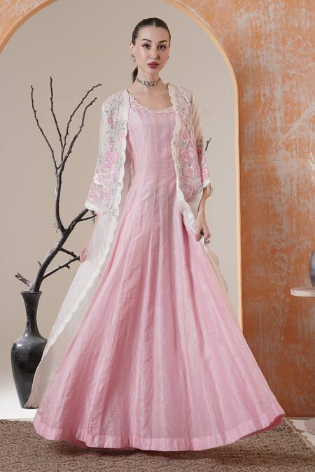 Buy_Surabhi Arya_Ivory Tissue, Organza Embroidery, Sequins Round Pink Anarkali With Jacket Set 