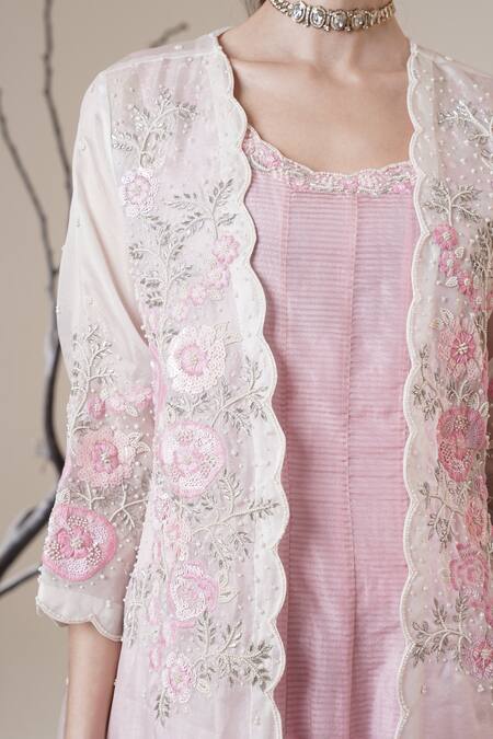 Shop_Surabhi Arya_Ivory Tissue, Organza Embroidery, Sequins Round Pink Anarkali With Jacket Set 