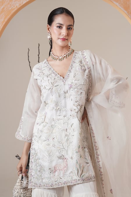 Buy_Surabhi Arya_White Organza, Georgette Sequins, Embroidery V-neck Kurta Sharara Set _Online_at_Aza_Fashions