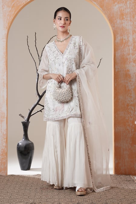 Shop_Surabhi Arya_White Organza, Georgette Sequins, Embroidery V-neck Kurta Sharara Set _Online_at_Aza_Fashions