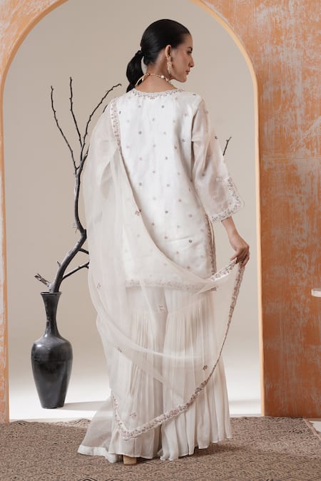 Shop_Surabhi Arya_White Organza, Georgette Sequins, Embroidery V-neck Kurta Sharara Set _at_Aza_Fashions