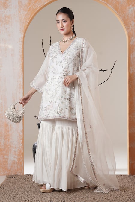 Surabhi Arya_White Organza, Georgette Sequins, Embroidery V-neck Kurta Sharara Set _at_Aza_Fashions