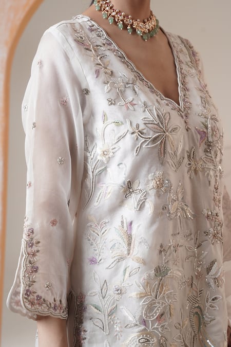 Buy_Surabhi Arya_White Organza, Georgette Sequins, Embroidery V-neck Kurta Sharara Set 