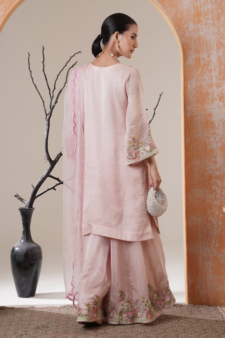 Shop Surabhi Arya Pink Organza Embroidery Round Neck Baby Kurta Set at Aza Fashions Shop_Surabhi Arya_Pink Organza Embroidery Round Neck Baby Kurta Set _at_Aza_Fashions