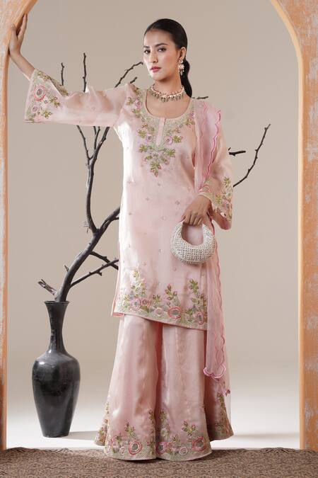 Shop Surabhi Arya Pink Organza Embroidery Round Neck Baby Kurta Set Shop_Surabhi Arya_Pink Organza Embroidery Round Neck Baby Kurta Set