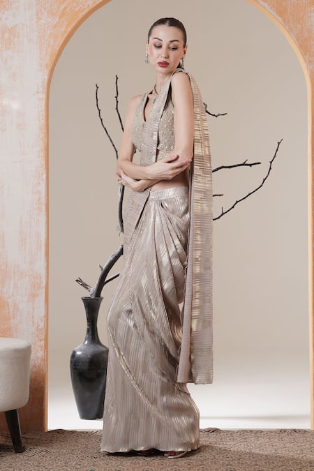Buy_Surabhi Arya_Silver Beads V-neck Metallic Pre-draped Saree Set _Online_at_Aza_Fashions