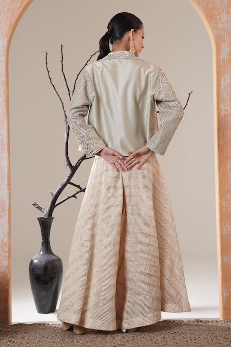 Shop Surabhi Arya Gold Tissue Beads, Sequins, Embroidery V-neck, Open Beige Jacket And Sharara Set at Aza Fashions Shop_Surabhi Arya_Gold Tissue Beads, Sequins, Embroidery V-neck, Open Beige Jacket And Sharara Set _at_Aza_Fashions