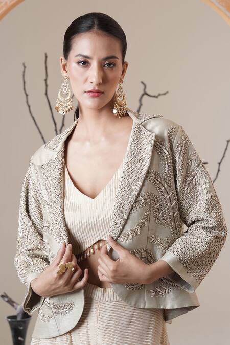 Surabhi Arya Gold Tissue Beads, Sequins, Embroidery V-neck, Open Beige Jacket And Sharara Set Online at Aza Fashions Surabhi Arya_Gold Tissue Beads, Sequins, Embroidery V-neck, Open Beige Jacket And Sharara Set _Online_at_Aza_Fashions