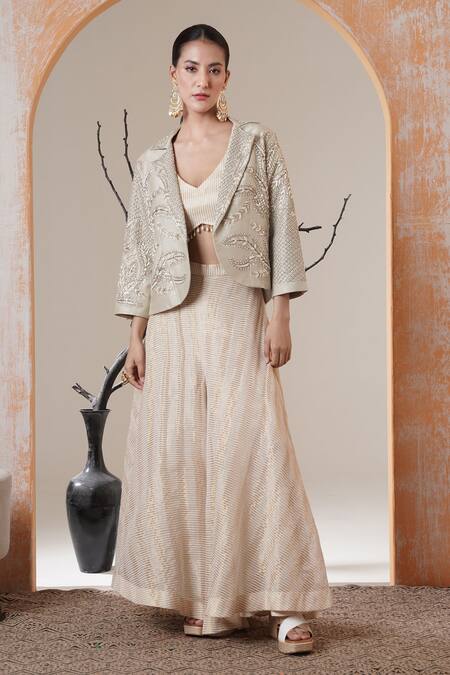 Buy Surabhi Arya Gold Tissue Beads, Sequins, Embroidery V-neck, Open Beige Jacket And Sharara Set Online at Aza Fashions Buy_Surabhi Arya_Gold Tissue Beads, Sequins, Embroidery V-neck, Open Beige Jacket And Sharara Set _Online_at_Aza_Fashions