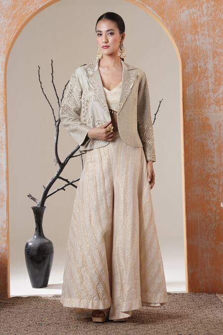 Shop Surabhi Arya Gold Tissue Beads, Sequins, Embroidery V-neck, Open Beige Jacket And Sharara Set Online at Aza Fashions Shop_Surabhi Arya_Gold Tissue Beads, Sequins, Embroidery V-neck, Open Beige Jacket And Sharara Set _Online_at_Aza_Fashions