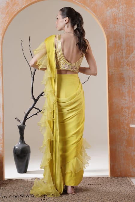 Shop_Surabhi Arya_Yellow Satin Beads Scoop Neck Lime Pre-draped Ruffle Saree Set _at_Aza_Fashions