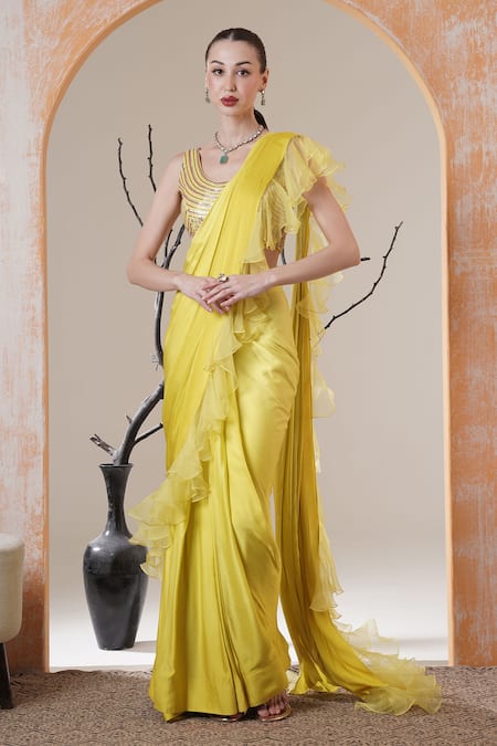 Surabhi Arya_Yellow Satin Beads Scoop Neck Lime Pre-draped Ruffle Saree Set _Online_at_Aza_Fashions