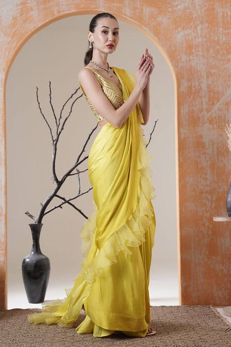 Buy_Surabhi Arya_Yellow Satin Beads Scoop Neck Lime Pre-draped Ruffle Saree Set _Online_at_Aza_Fashions