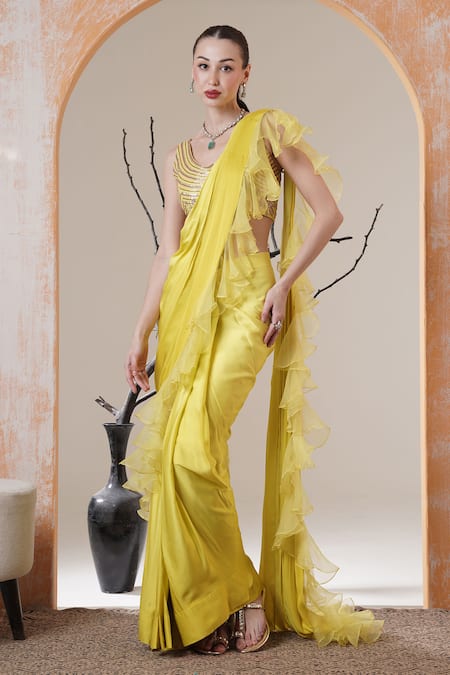 Surabhi Arya Lime Yellow Pre-Draped Ruffle Saree Set 