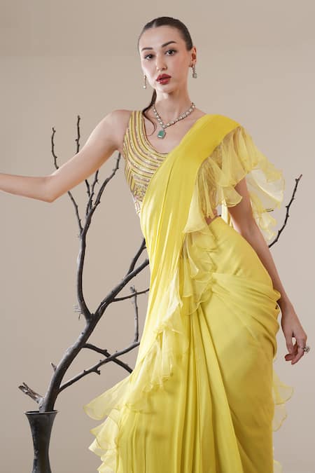 Surabhi Arya_Yellow Satin Beads Scoop Neck Lime Pre-draped Ruffle Saree Set _at_Aza_Fashions